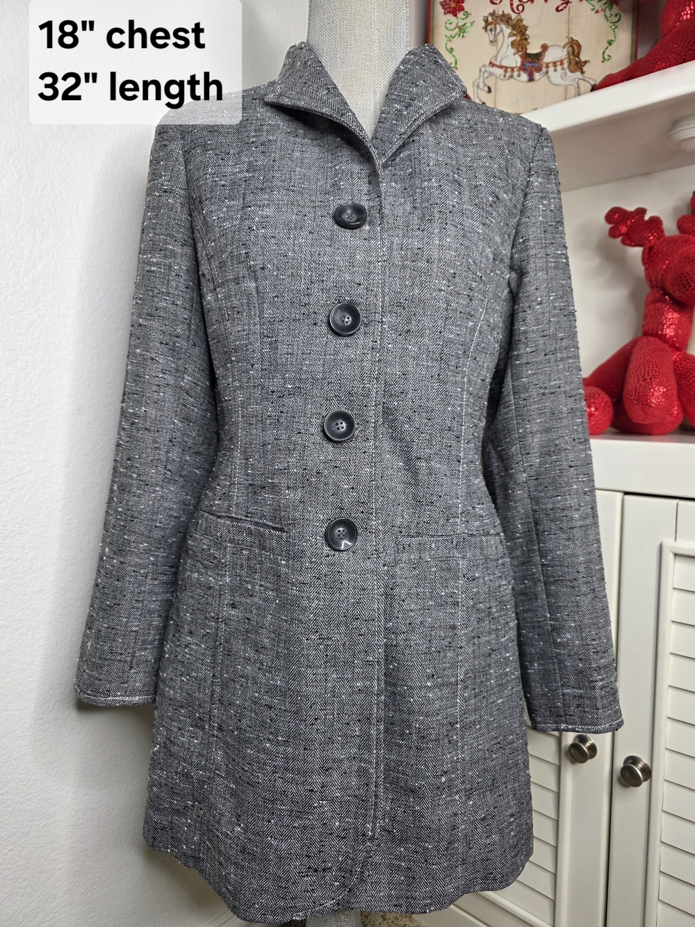 Coldwater Creek Gray Tweed Button-Up Fitted Pea Coat